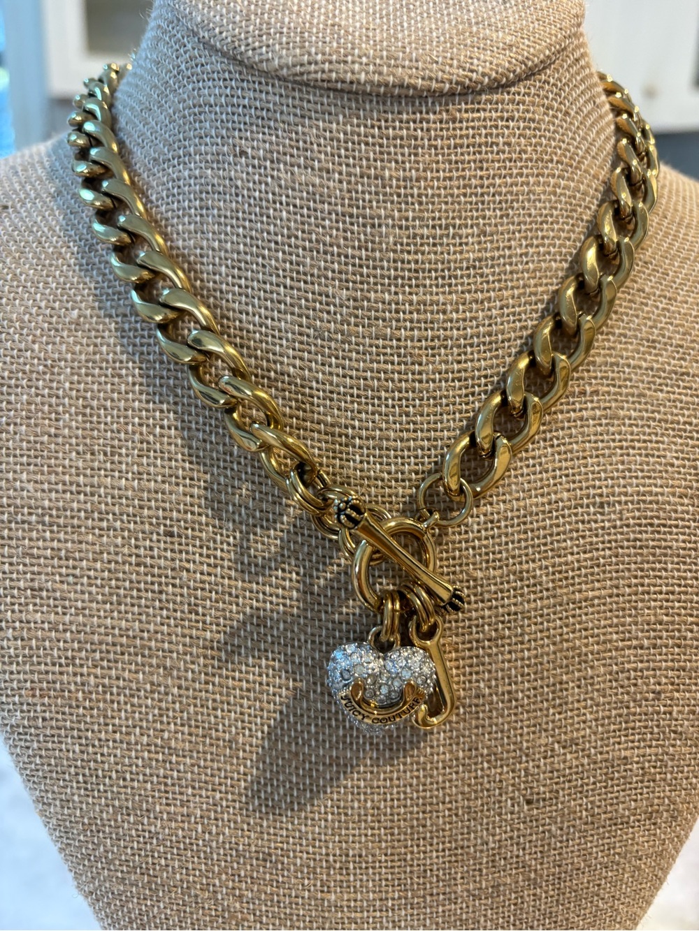 Juicy Couture Gold Crystal Heart Toggle Charm Necklace and Matching Bracelet